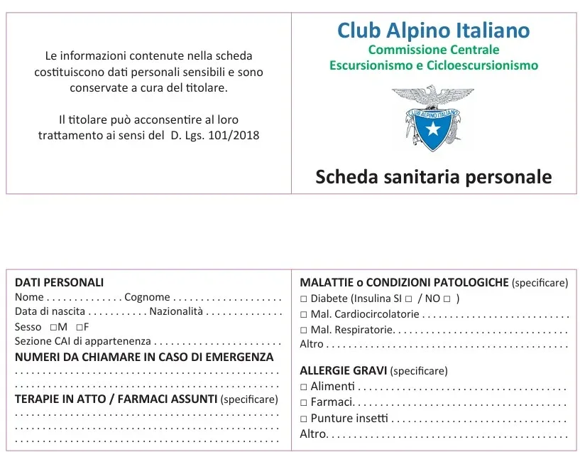 scheda sanitaria personale - CAI Escursionismo e Cicloescursionismo