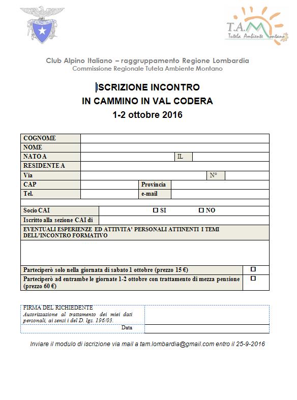 Codera ottobre2016 moduloiscrizione 1 - CAI Tutela Ambiente Montano Lombardia