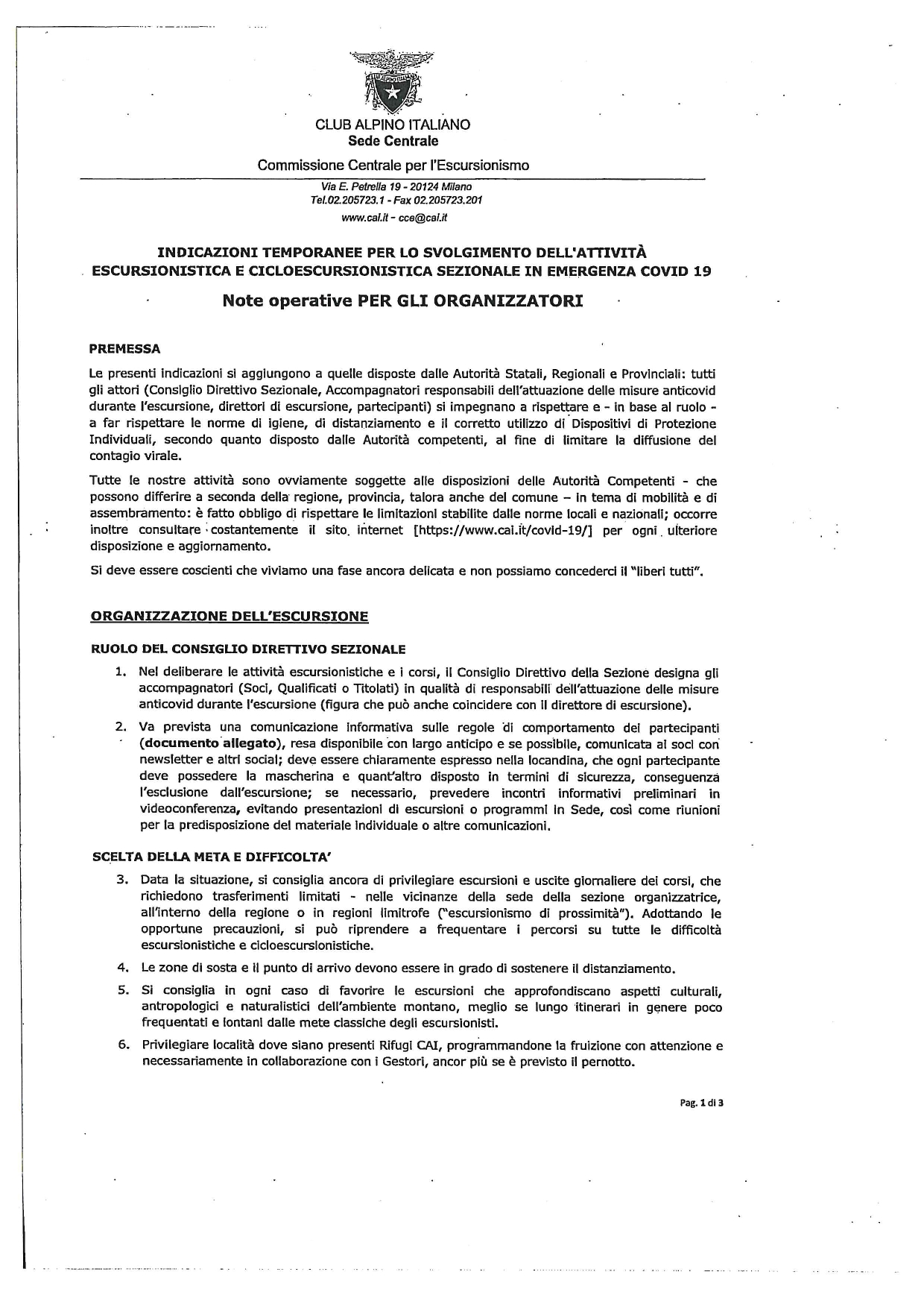 Indicazioni per il riavvio delle attività escursionistiche e cicloescursionistiche sezionali