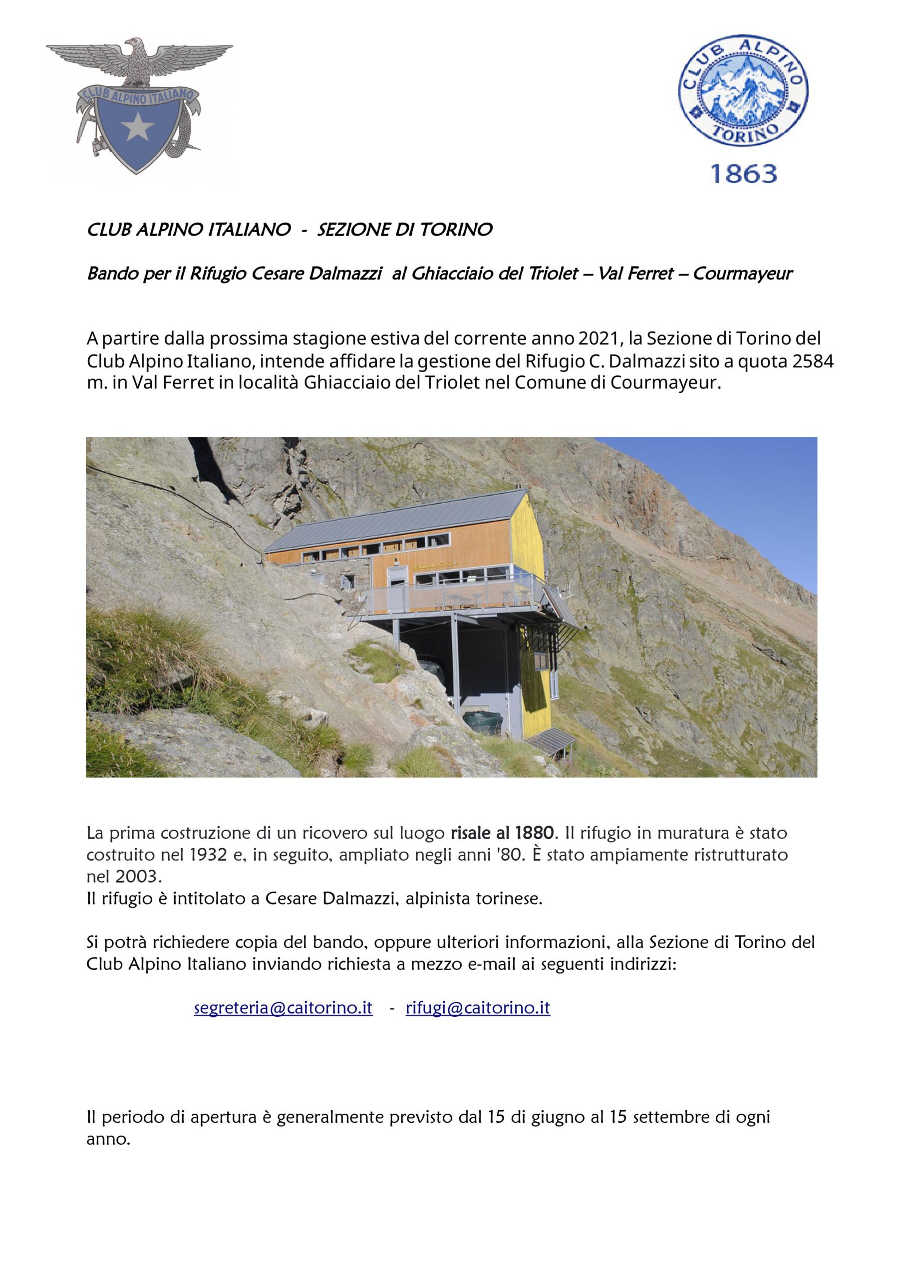 Bando per il Rifugio Cesare Dalmazzi al Ghiacciaio del Triolet – Val Ferret – Courmayeur