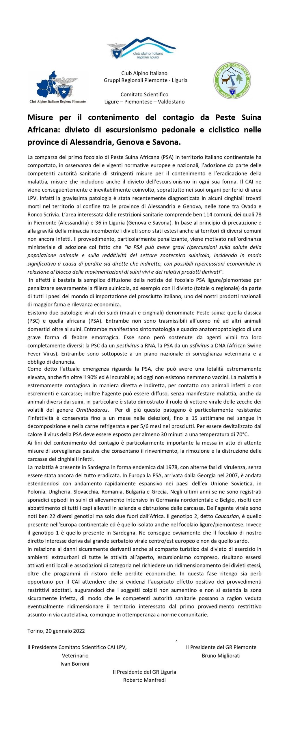 Misure per il contenimento del contagio da Peste Suina Africana: divieto di escursionismo pedonale e ciclistico nelle province di Alessandria, Genova e Savona