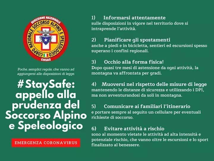 #STAYSAFE: appello alla prudenza del Soccorso Alpino e Speleologico