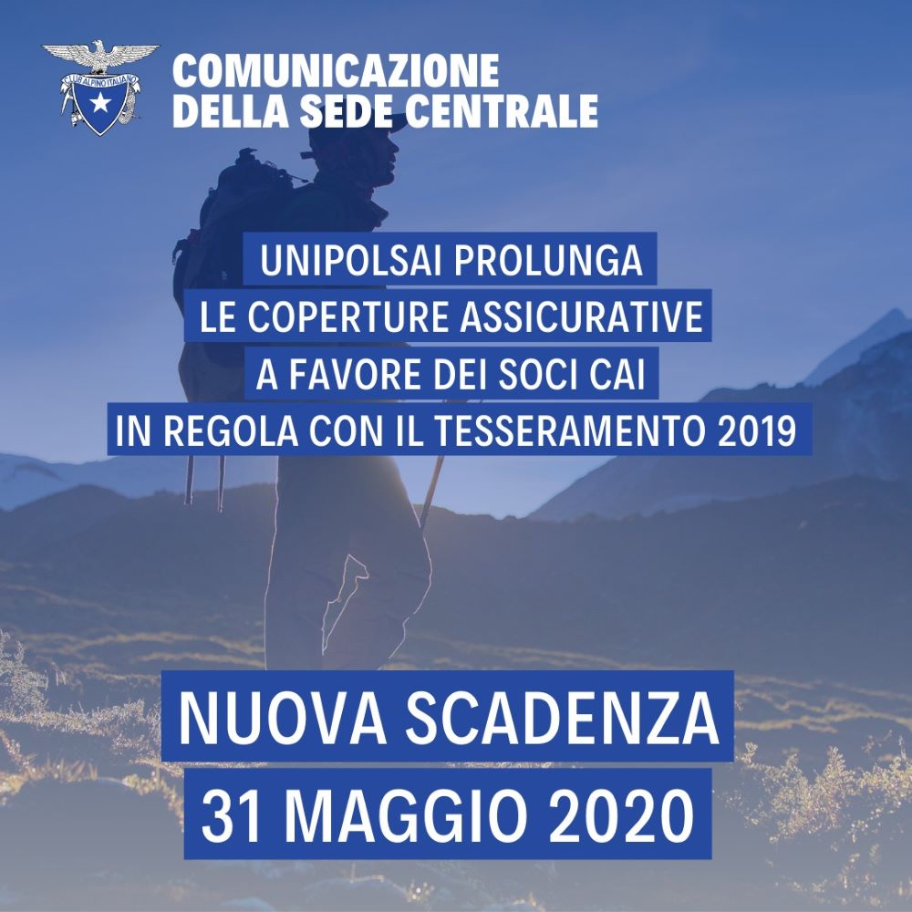 Covid – 19, UnipolSai proroga fino alla fine di maggio la scadenza della copertura assicurativa dei Soci Cai