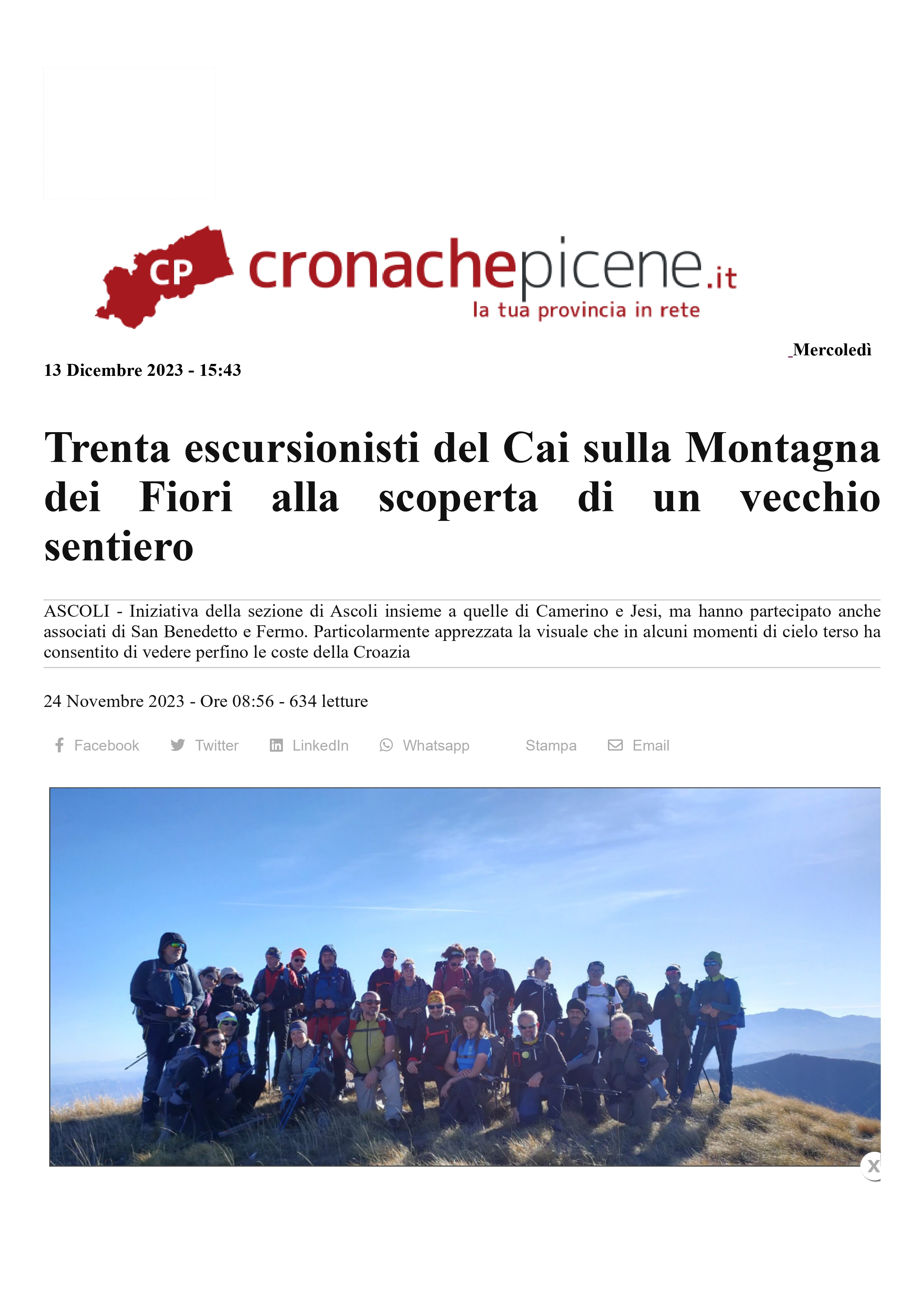 Trenta escursionisti del Cai sulla Montagna dei Fiori alla scoperta di un vecchio sentiero Cronache Picene 1 page 0001