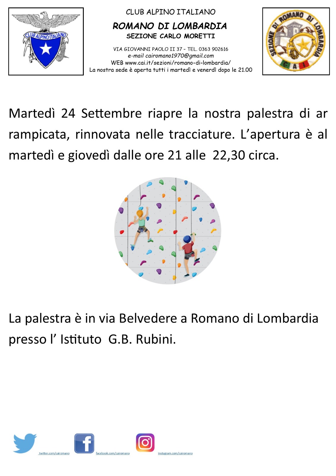 2024 09 24 riapertura palestra - CAI Sezione di Romano di Lombardia