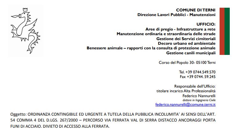 Ordinanza   Percorso Via Ferrata Val Di Serra Distacco Ancoraggi