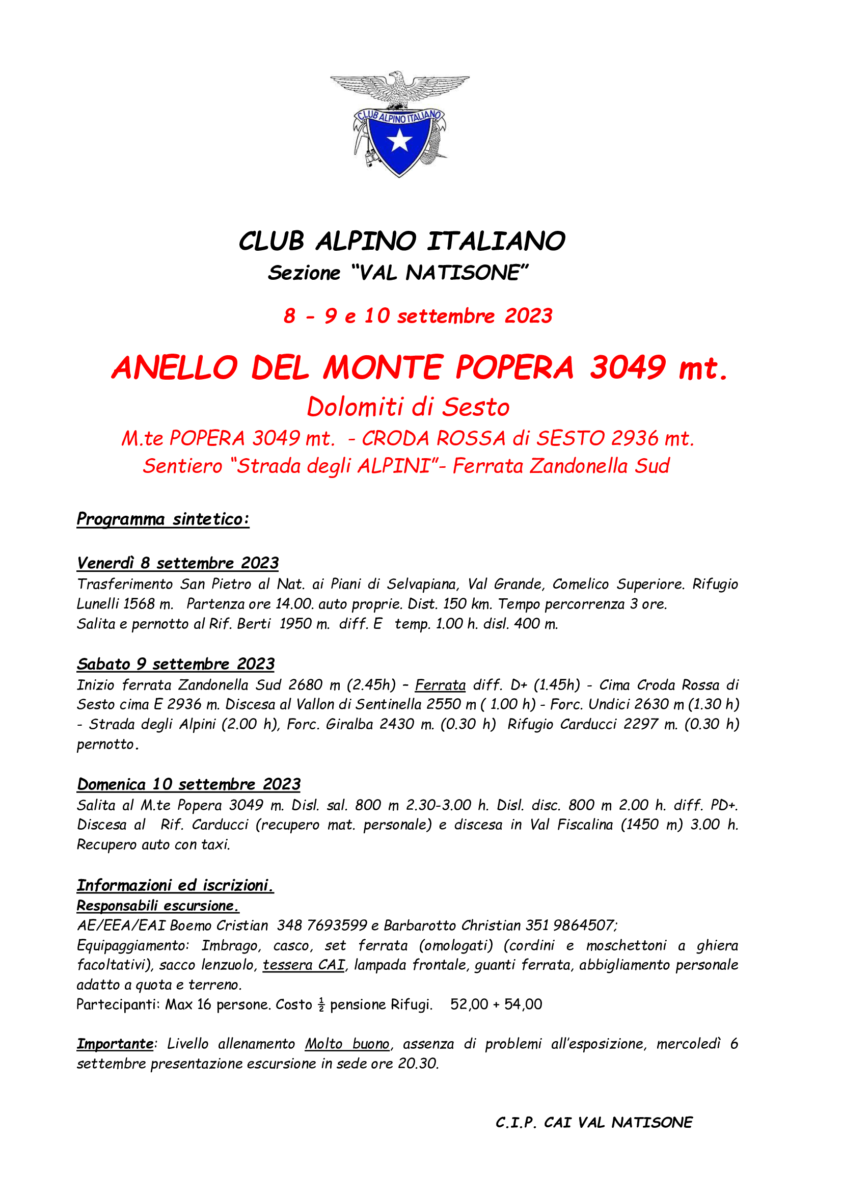 Monte Popera E “strada Degli Alpini” – 8, 9 E 10 Settembre 2023