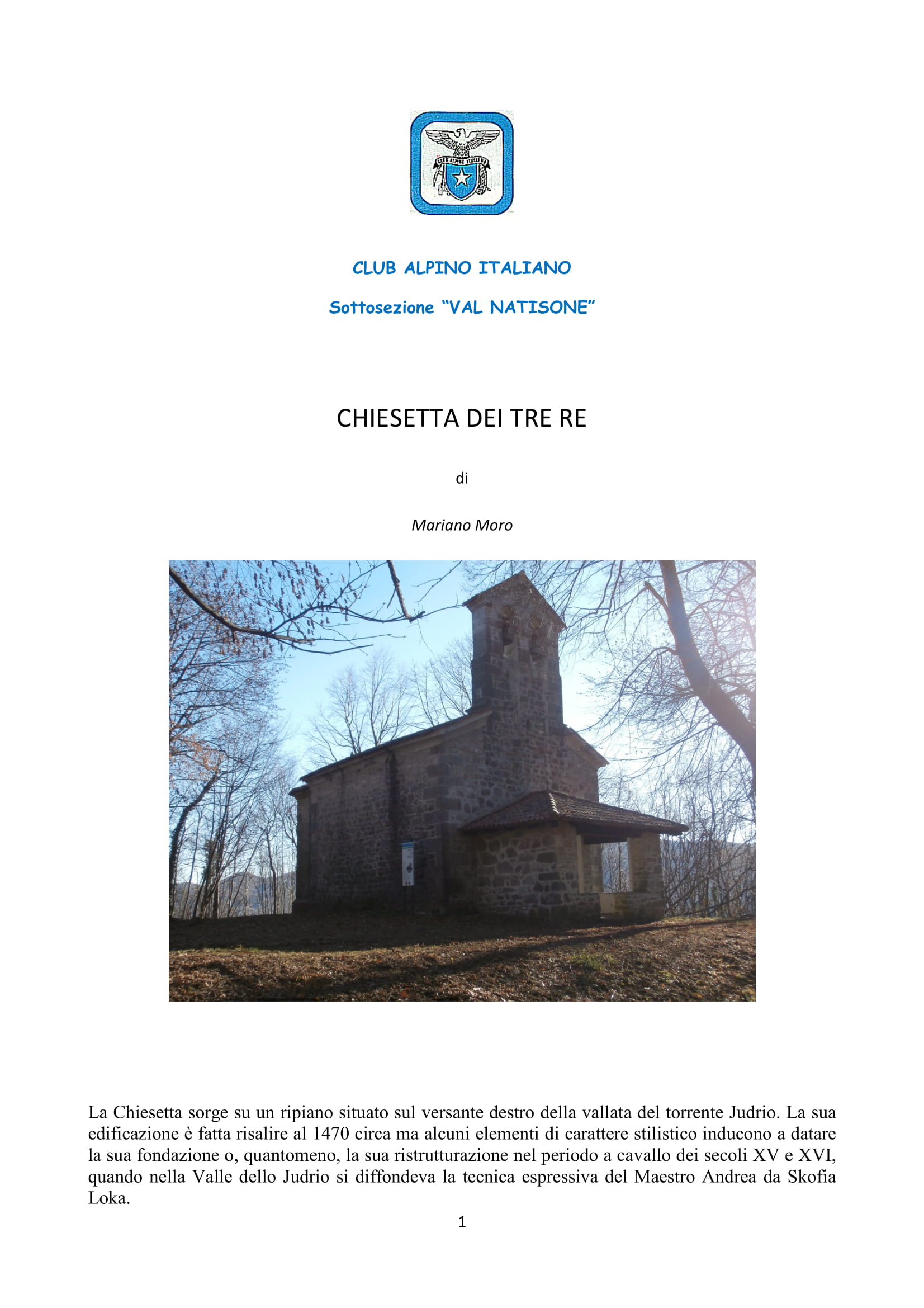 CHIESETTA DEI TRE NOTA STORICA 1 - CAI Sezione di Val Natisone