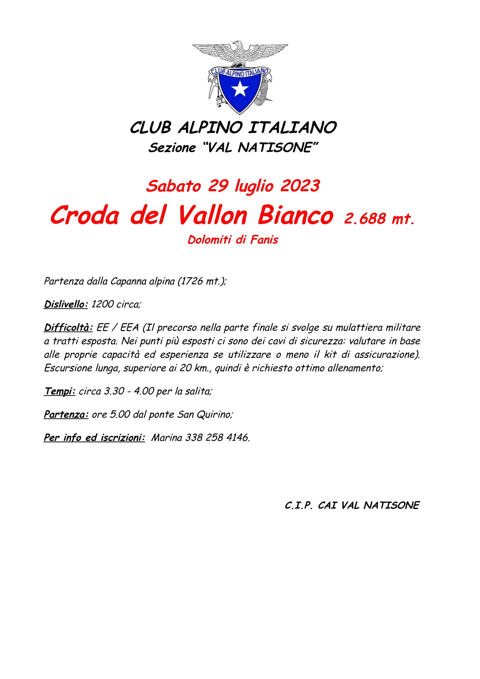 Croda Del Vallon Bianco Sabato 29.7.2023