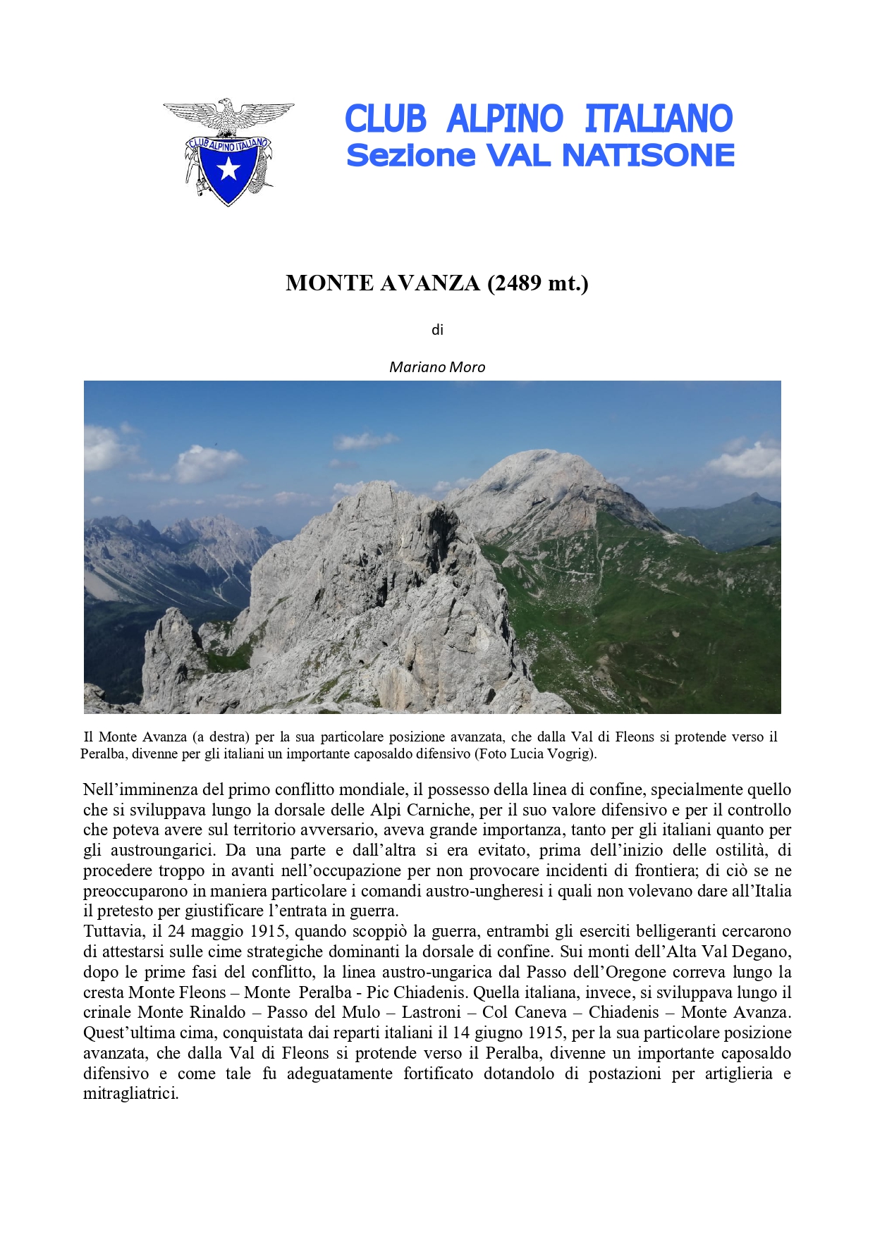 Monte Avanza, Nota Storica A Cura Del Socio Mariano Moro