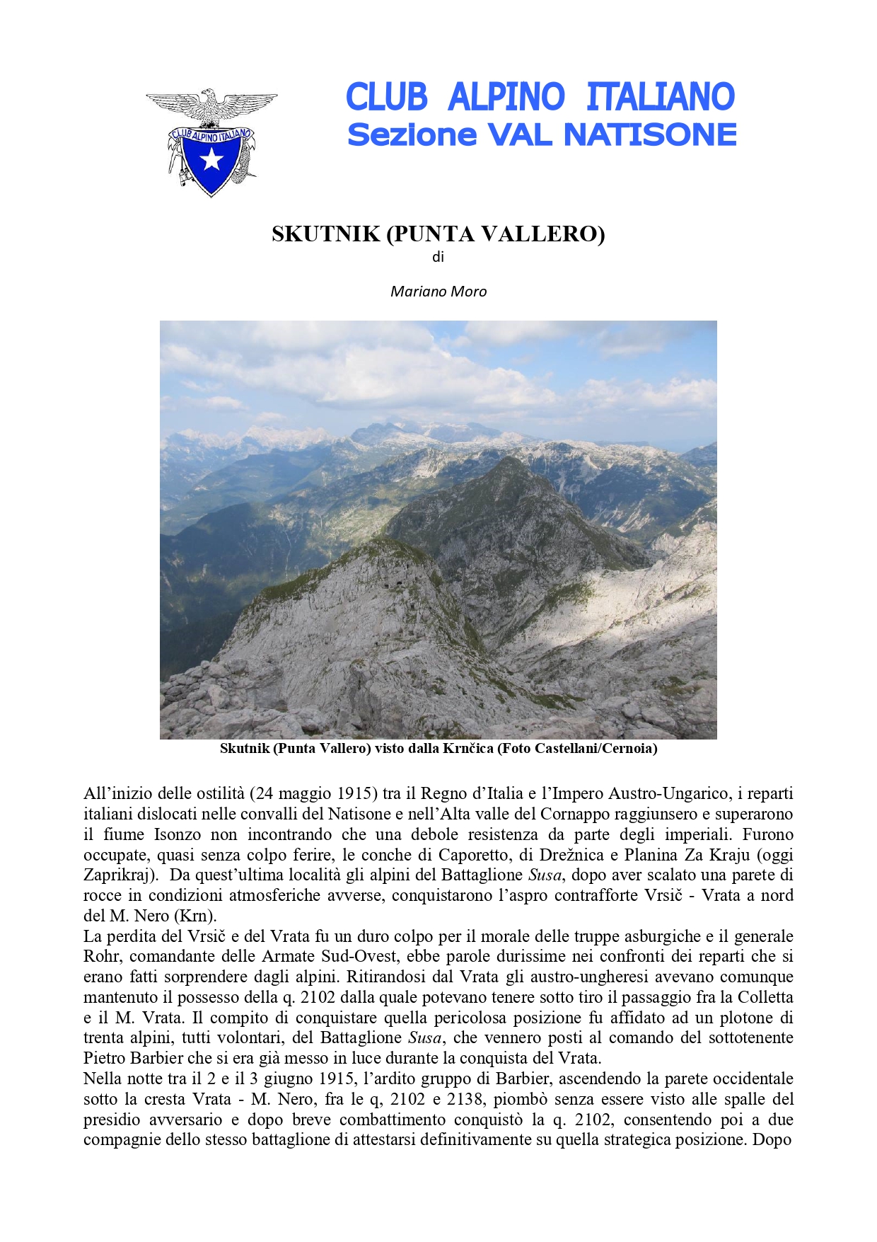 Locandina Storica Punta Vallero 2074 M KrnČica 2142 M  A Cura Di M. Moro