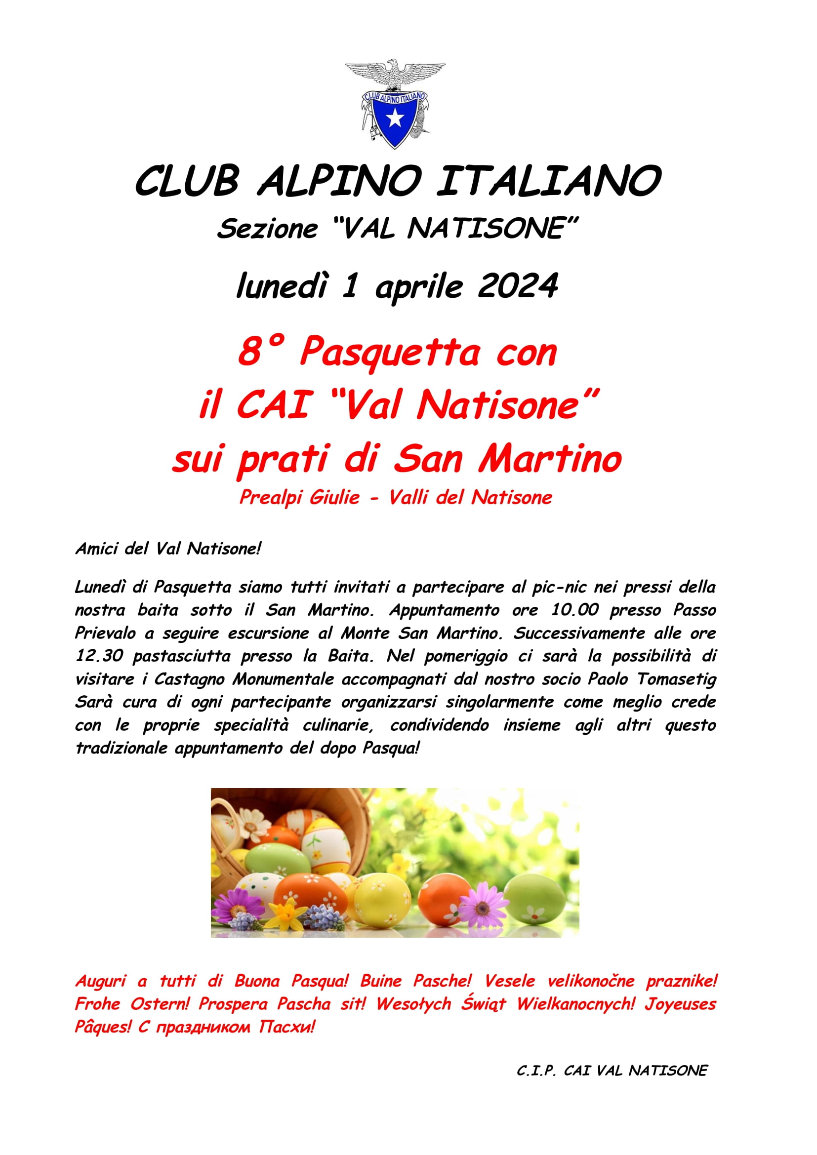 Evento Annullato ! 8° Pasquetta Con  Il Cai “val Natisone”  Sui Prati Di San Martino –  1.4.2024