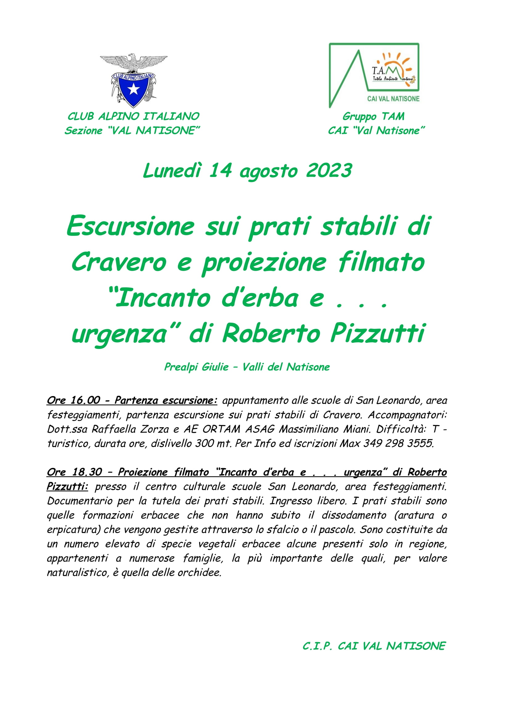 Lunedì 14 Agosto 2023  Escursione Sui Prati Stabili Di Cravero E Proiezione Filmato “incanto D’erba E . . . Urgenza” Di Roberto Pizzutti