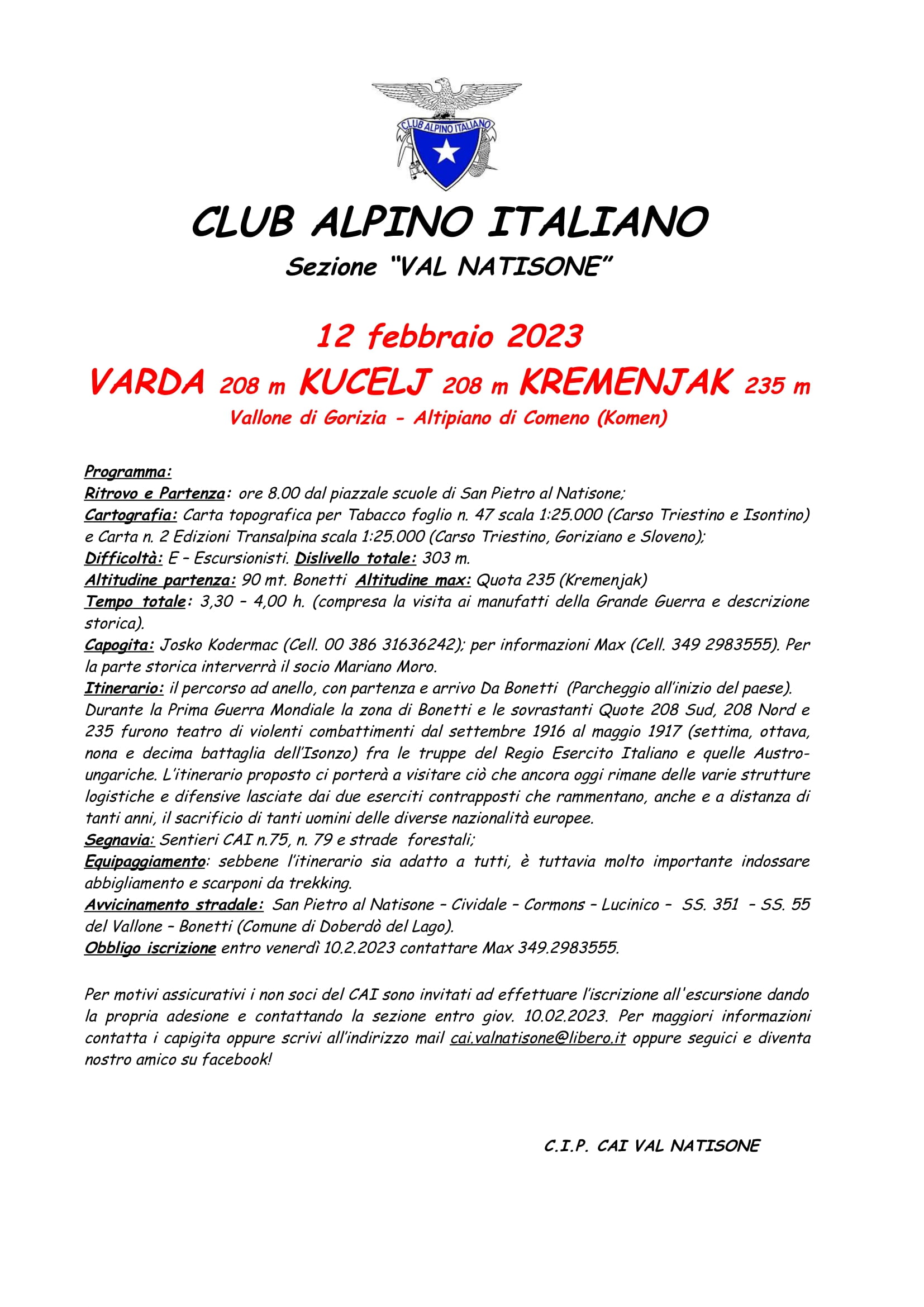 Varda 208 M Kucelj 208 M Kremenjak 235 M – 12.2.2023